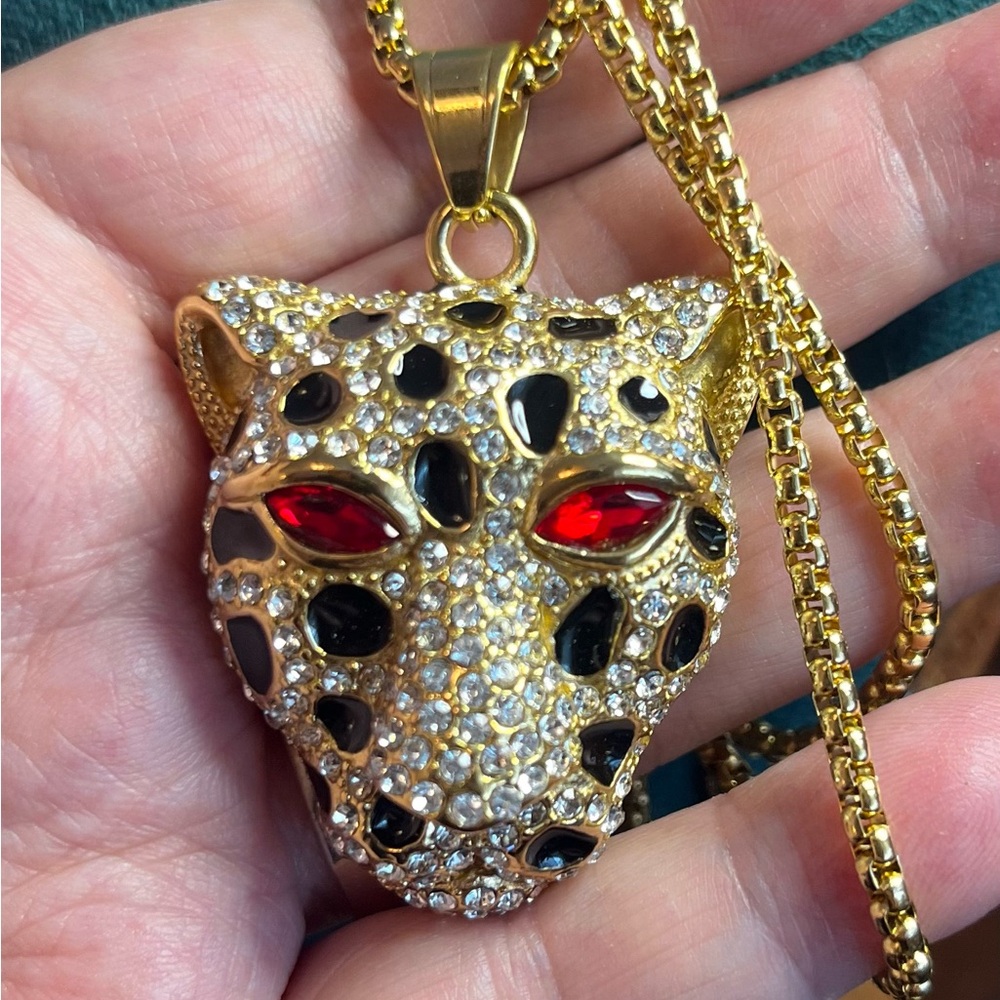 Gold Leopard Head Pendant Necklace w/Red & Black Accents & Red CZ Earrings